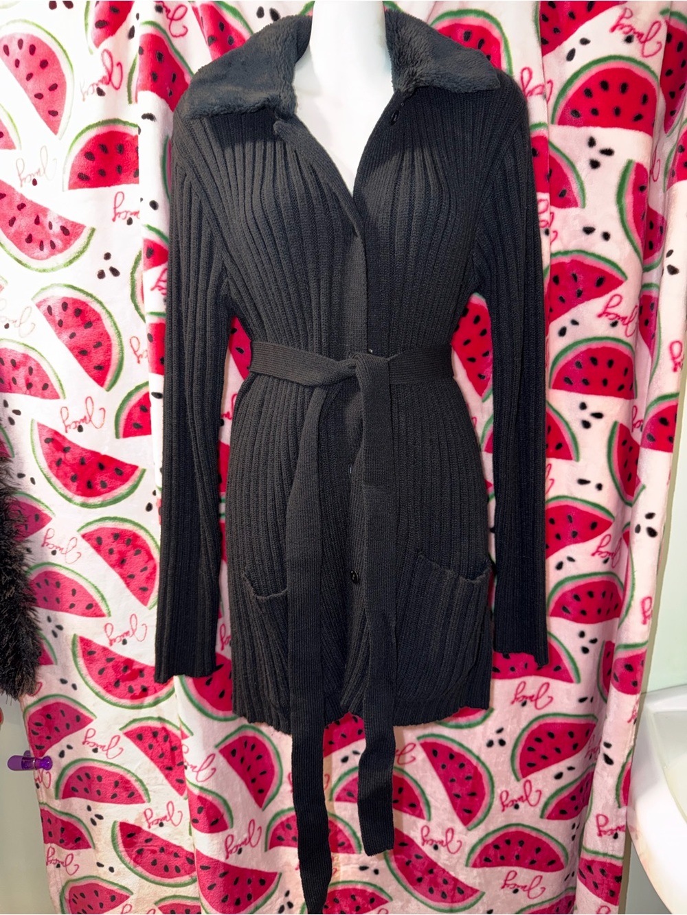 🖤 Faded Glory Button Up Belted Ribbed Cardigan with Faux Fur Trim